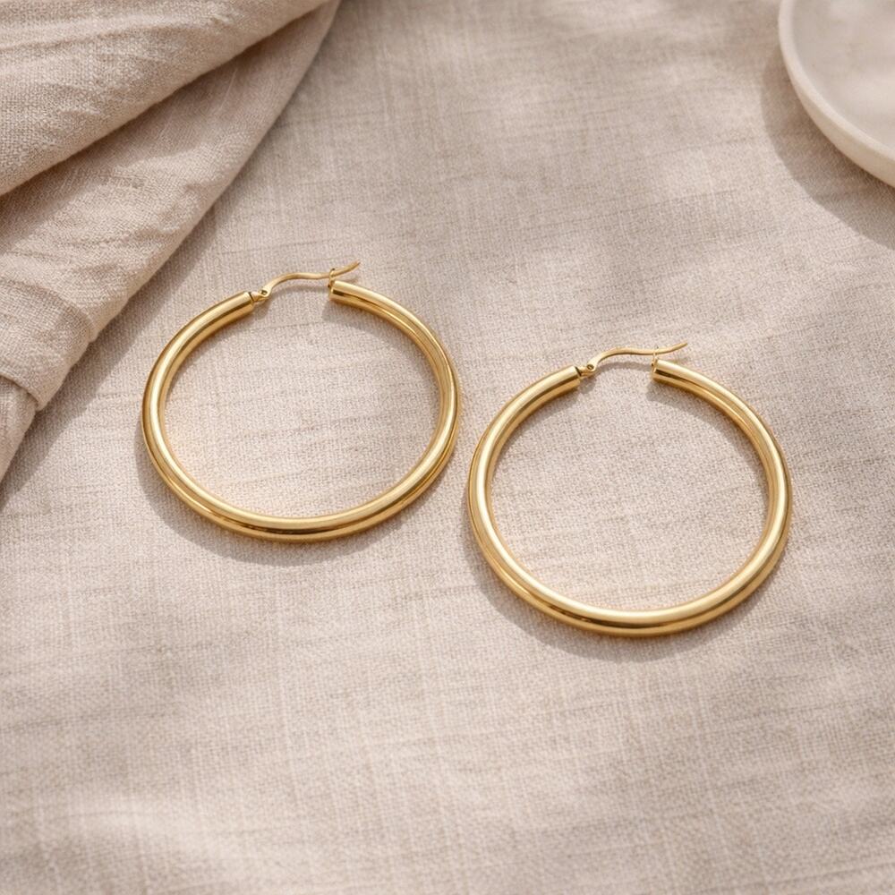18K Gold PVD Stainless Steel 40mm Large Classic Hoop Earrings Hypoallergenic
